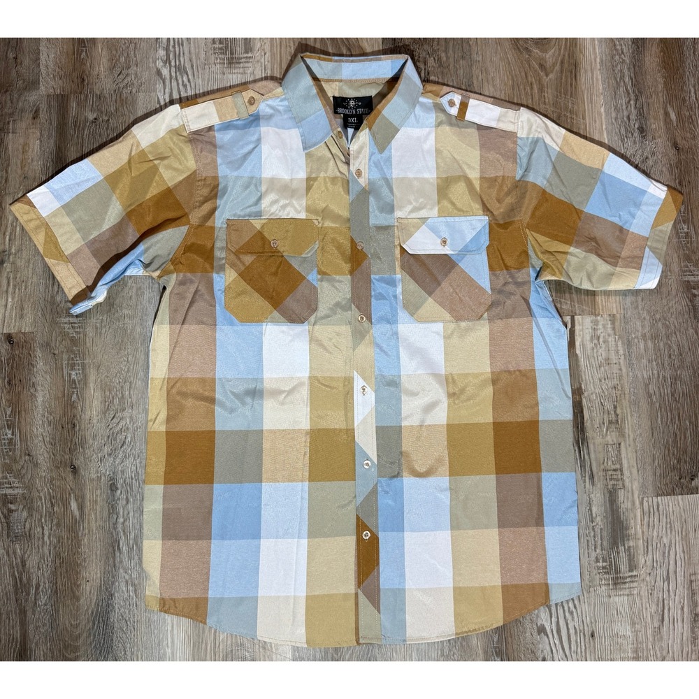 Brooklyn State Mens 3XL Plaid Short Sleeve Button Down Shirt Blue Tan Brown